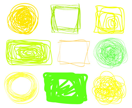 Hand drawn simple chaotic elements on white. Colored doodles for design. Line art. Abstract geometric shapes. Infographic symbols on isolated background. Set of different signs. Tangled backdropsのイラスト素材