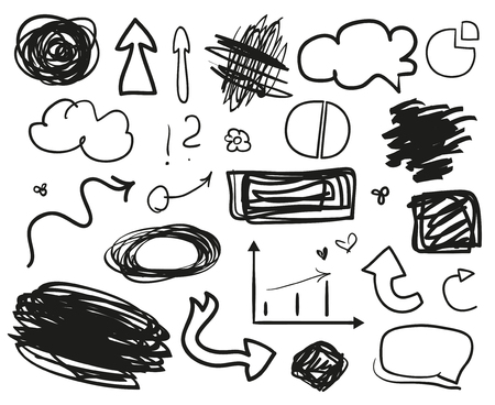 Infographic elements on isolation background. Set of different indicator signs. Tangled backdrops. Dirty artistic design objects. Doodles for work. Line art. Abstract circles, arrows and rectanglesのイラスト素材