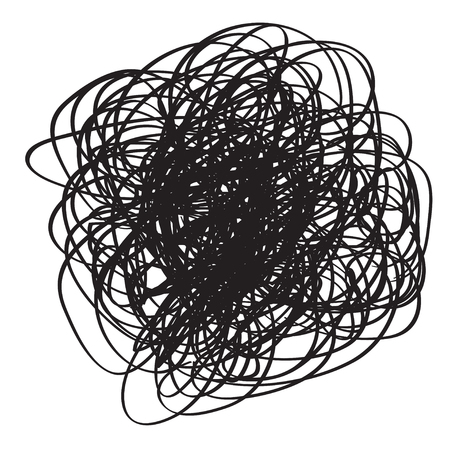 Scribble sketch. Background with array of lines. Tangled and chaos on white. Intricate chaotic texture. Universal pattern. Art creation. Black and white illustration. Print for polygraphyのイラスト素材