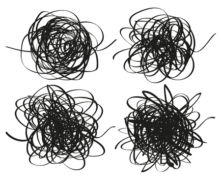 Set of chaos patterns. Scribble sketches. Background with array of lines. Tangled on white. Intricate chaotic texture. Black and white illustration. Print for polygraphy, flyers, posters and t-shirtsのイラスト素材