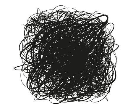 Tangled on white. Chaos pattern. Scribble sketch. Background with array of lines. Intricate chaotic texture. Art creation. Black and white illustration. Print for polygraphy, posters and t-shirtsのイラスト素材