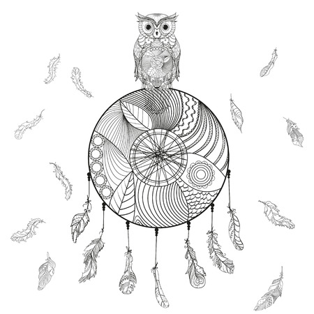 Dreamcatcher with owl. Flying feathers. Hand drawn image. Zentangle. Black and white illustration for coloring. Zen art. Design for spiritual relaxation for adults. Unique image for designのイラスト素材