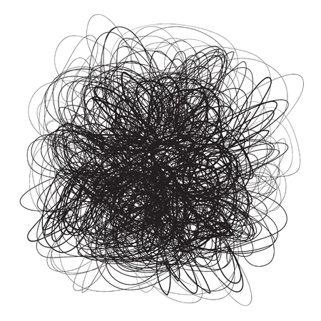 Scrawl sketch. Background with array of lines. Tangled and chaos on white. Intricate chaotic texture. Universal pattern. Art creation. Black and white illustration. Print for designのイラスト素材