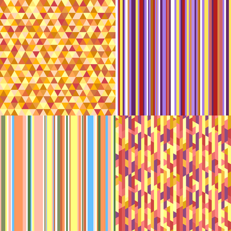 Set of seamless multicolored tiled patterns. Pretty colors. Abstract triangle wallpaper of the surface. Striped backgrounds. Print for polygraphy, posters, t-shirts and textiles. Doodle for workのイラスト素材