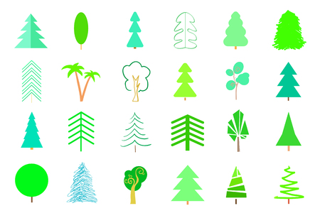 Green trees and christmas trees on white. Set for icons on isolated background. Geometric art. Universal collection for trendy designのイラスト素材