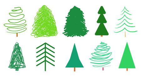 Christmas trees on white. Set for icons on isolated background. Geometric art. Universal collection for banners, t-shirts and textilesのイラスト素材