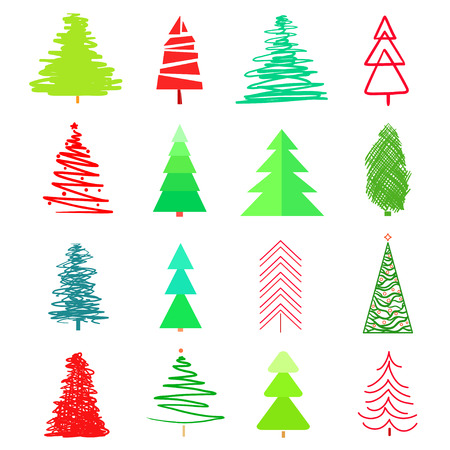 Christmas trees on white. Set for icons on isolated background. Geometric art. Universal coloful collection for trendy design. Abstract objects for flyers, posters, t-shirts and textilesのイラスト素材