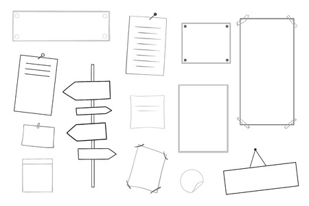 Infographic tables on isolated background. Collection of desks on white. Elements for design. Hand drawn simple signs. Black and white illustrationのイラスト素材