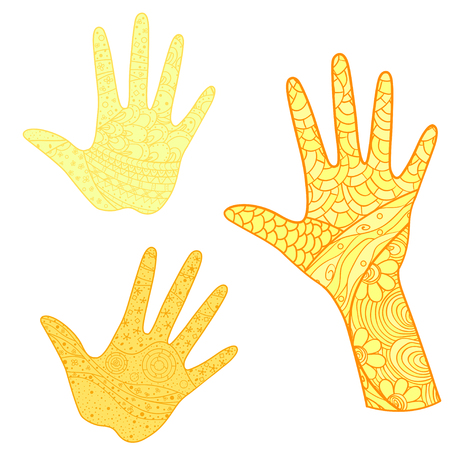Hands with abstract colored patterns on isolation background. Design for spiritual relaxation for adults. Zen art. Doodles for banners, posters, t-shirts and textilesのイラスト素材