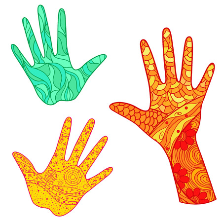 Hands on white. Intricate abstract patterns on isolation background. Design for spiritual relaxation for adults. Zen art. Doodle for banners, posters, t-shirts and textilesのイラスト素材