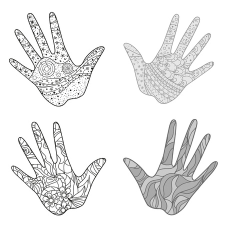 Hands with abstract patterns on isolation background. Design for spiritual relaxation for adults. Zen art. Doodles for banners, posters, t-shirts and textilesのイラスト素材