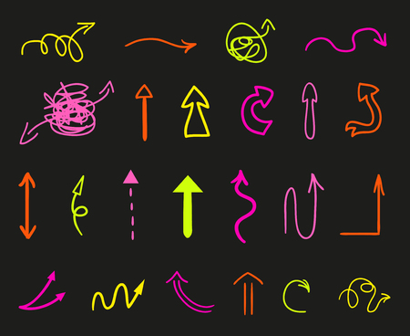 Hand drawn infographic elements on black. Abstract arrows. Line art. Right and left direction pointers. Doodles for banners, posters, flyers and textilesのイラスト素材