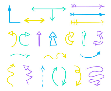 Set of colored infographic elements on isolated background. Hand drawn pointers on white. Colorful arrows. Line art. Set of different signsのイラスト素材
