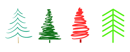 Christmas trees on white. Set for icons on isolated background. Geometric art. Objects for polygraphy, posters, t-shirts and textiles. Colored illustrationのイラスト素材