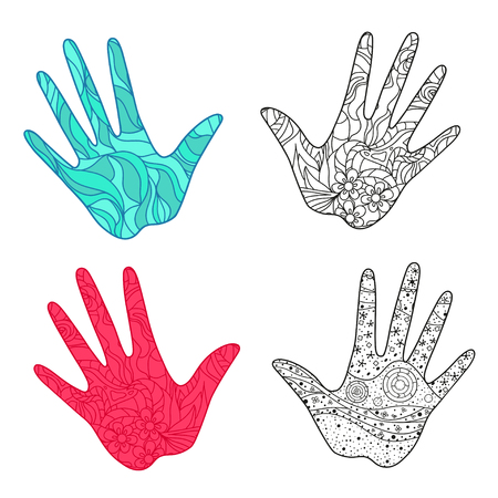 Hands on white. Abstract patterns on isolation background. Design for spiritual relaxation for adults. Zen art. Doodles for banners, posters, t-shirts and textilesのイラスト素材