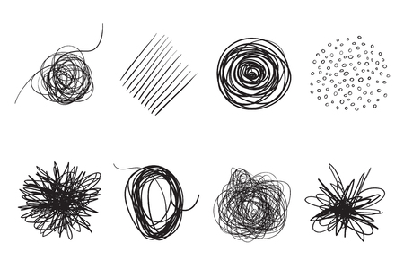Backgrounds with array of lines on white. Intricate chaotic textures. Wavy backdrops. Hand drawn tangled patterns. Black and white illustration. Elements for designのイラスト素材