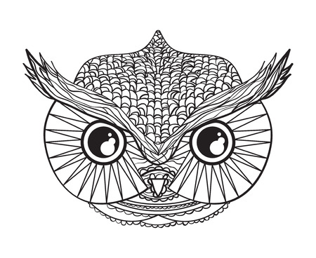 Head of owl on isolated white. Zentangle. Hand drawn bird with abstract patterns on isolation background. Design for spiritual relaxation for adults. Black and white illustration for coloringのイラスト素材