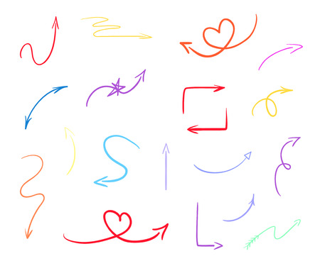 Colored infographic elements on isolated white background. Hand drawn simple arrows. Line art. Set of different pointers. Abstract indicatorsのイラスト素材