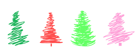 Colorful christmas trees on white. Set for design on isolated background. Geometric art. Objects for flyers, posters and textiles. Colored illustrationのイラスト素材