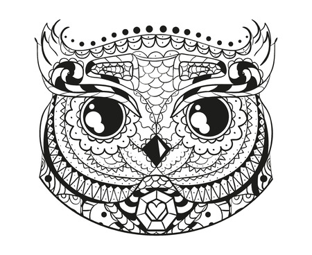 Head of owl on isolated white. Zentangle. Hand drawn bird with abstract patterns on isolation background. Design for spiritual relaxation for adults. Black and white illustration for coloringのイラスト素材