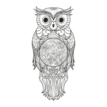Owl on isolated white. Zentangle. Detailed hand drawn vintage bird with abstract patterns on isolation background. Design for spiritual relaxation for adultsのイラスト素材