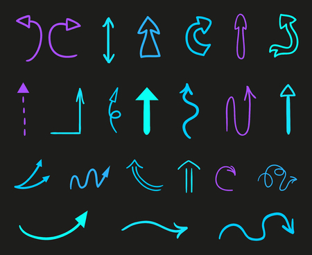 Hand drawn infographic elements on black. Abstract arrows. Line art. Right and left direction pointers. Doodles for banners, posters, flyers and textilesのイラスト素材