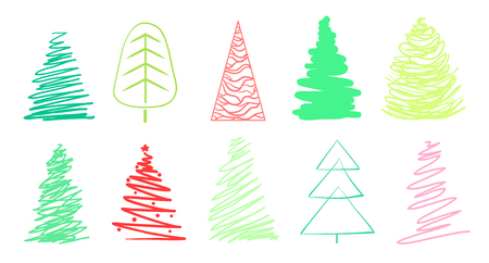 Colorful christmas trees on white. Set for design on isolated background. Geometric art. Objects for polygraphy, posters, t-shirts and textiles. Colored illustrationのイラスト素材