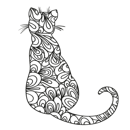 Cat on white. Zentangle. Hand drawn animal with abstract patterns on isolation background. Design for spiritual relaxation for adults. Outline for t-shirts. Print for flyer, poster or textileのイラスト素材