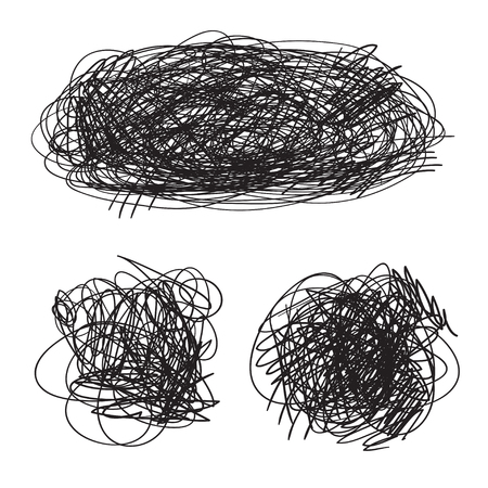 Tangled shapes on white. Chaos pattern. Scribble sketch. Background with array of lines. Intricate chaotic texture. Art creation. Black and white illustration. Doodles for posters and flyersのイラスト素材