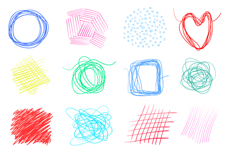 Tangled shapes on white. Hand drawn lines on isolated background. Chaotic signs with hatching. Colorful illustration. Elements for poster and flyerのイラスト素材