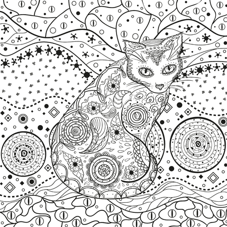 Abstract eastern pattern with cat on isolated white. Zentangle. Hand drawn abstract patterns on isolation background. Design for spiritual relaxation for adults. Black and white illustrationのイラスト素材