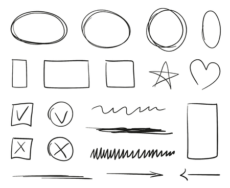 Hand drawn shapes on isolated background. Abstract geometric signs with hatching. Simple arrows. Black and white illustration. Elements for posters and flyersのイラスト素材