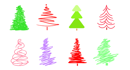 Colorful christmas trees on white. Set for design on isolated background. Geometric art. Objects for polygraphy, posters, t-shirts and textiles. Colored illustrationのイラスト素材