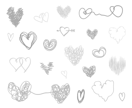 Hand drawn hearts on isolated white background. Set of love signs. Unique illustration for design. Line art creation. Black and white illustration. Elements for designのイラスト素材
