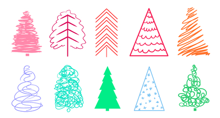 Colorful christmas trees on white. Set for design on isolated background. Geometric art. Objects for polygraphy, posters, t-shirts and textiles. Colored illustrationのイラスト素材