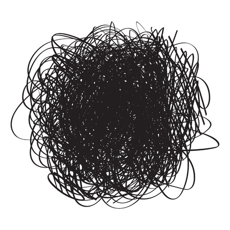 Tangled shape on white. Chaos pattern. Scribble sketch. Background with array of lines. Intricate chaotic texture. Art creation. Black and white illustration. Doodle for poster and flyerのイラスト素材