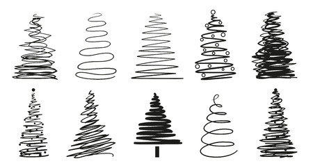 Christmas trees on white. Set for design on isolated background. Geometric art. Objects for polygraphy, posters, t-shirts and textiles. Black and white illustrationのイラスト素材