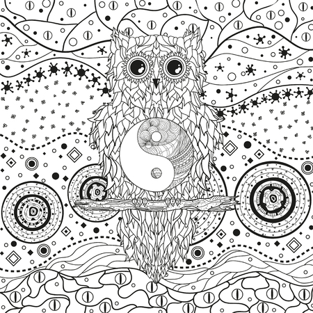 Abstract pattern with owl on isolated white. Zentangle. Hand drawn abstract patterns on isolation background. Design for spiritual relaxation for adults. Black and white illustrationのイラスト素材