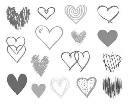 Hand drawn hearts on isolated white background. Set of love signs. Unique illustration for design. Line art creation. Black and white illustration. Elements for designのイラスト素材