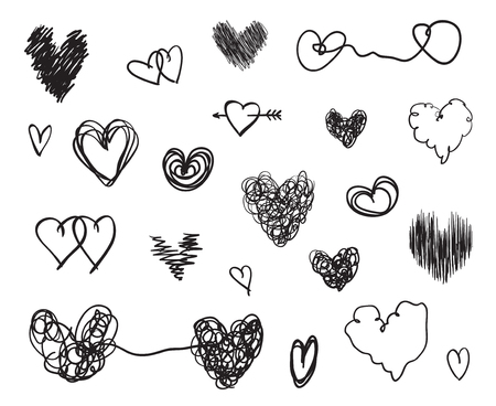 Hand drawn hearts on isolated white background. Set of love signs. Unique illustration for design. Line art creation. Black and white illustration. Elements for designのイラスト素材