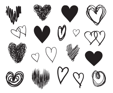 Hand drawn hearts on isolated white background. Set of love signs. Unique illustration for design. Line art creation. Black and white illustration. Elements for poster or flyerのイラスト素材