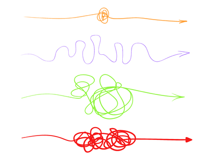 Hand drawn arrows on isolated white background. Abstract pointers with hatching. Wavy tangled signs. Colorful illustration. Elements for posters and flyersのイラスト素材