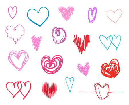 Hand drawn hearts on isolated white background. Set of love signs. Unique illustration for design. Line art creation. Colored illustration. Elements for poster or flyerのイラスト素材