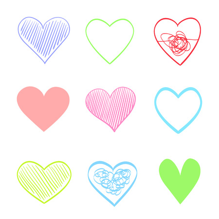 Hand drawn colorful hearts on isolated white background. Set of love signs. Unique abstract image for design. Line art creation. Colored illustration. Elements for poster or flyerのイラスト素材