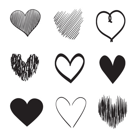 Hand drawn hearts on isolated white background. Set of love signs. Unique image for design. Line art creation. Black and white illustration. Elements for poster or flyerのイラスト素材