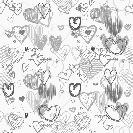 Hand drawn background with hearts. Seamless grungy wallpaper on surface. Chaotic texture with many love signs. Lovely pattern. Line art. Black and white illustration for designのイラスト素材