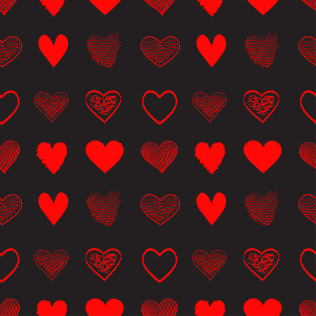 Hand drawn background with colored hearts. Seamless grungy wallpaper on surface. Chaotic texture with love signs. Lovely pattern. Line art. Print for banner, flyer or poster. Colorful illustrationのイラスト素材