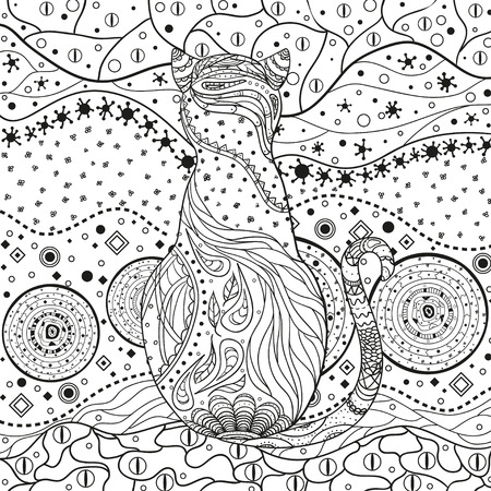 Abstract asian pattern with cat on isolated white. Zentangle. Hand drawn abstract patterns on isolation background. Design for spiritual relaxation for adults. Black and white illustrationのイラスト素材