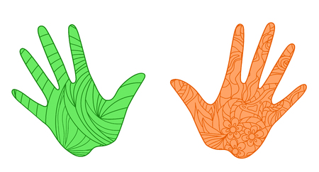 Hands on white. Abstract patterns on isolation background. Design for spiritual relaxation for adults. Zen art. Doodles for banner, poster, t-shirt or textilesのイラスト素材