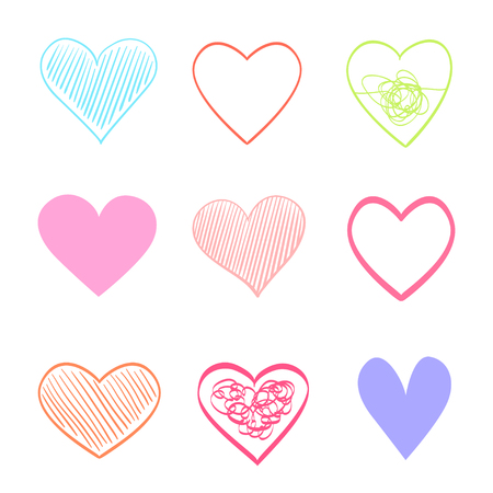 Hand drawn colorful hearts on isolated white background. Set of love signs. Unique abstract image for design. Line art creation. Colored illustration. Elements for poster or flyerのイラスト素材